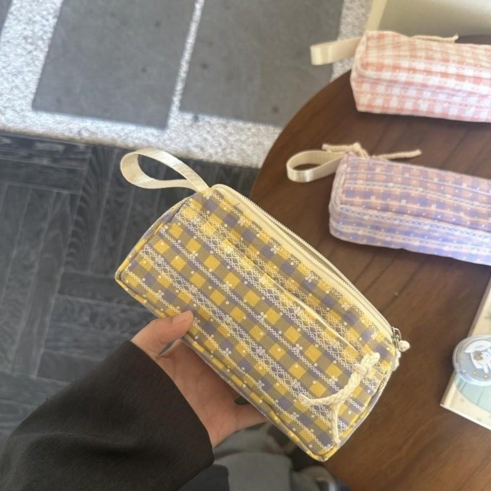 Large Capacity Stationery Pouch Plaid Pattern Pen Bag Stylish Plaid Pencil Case  Makeup Storage