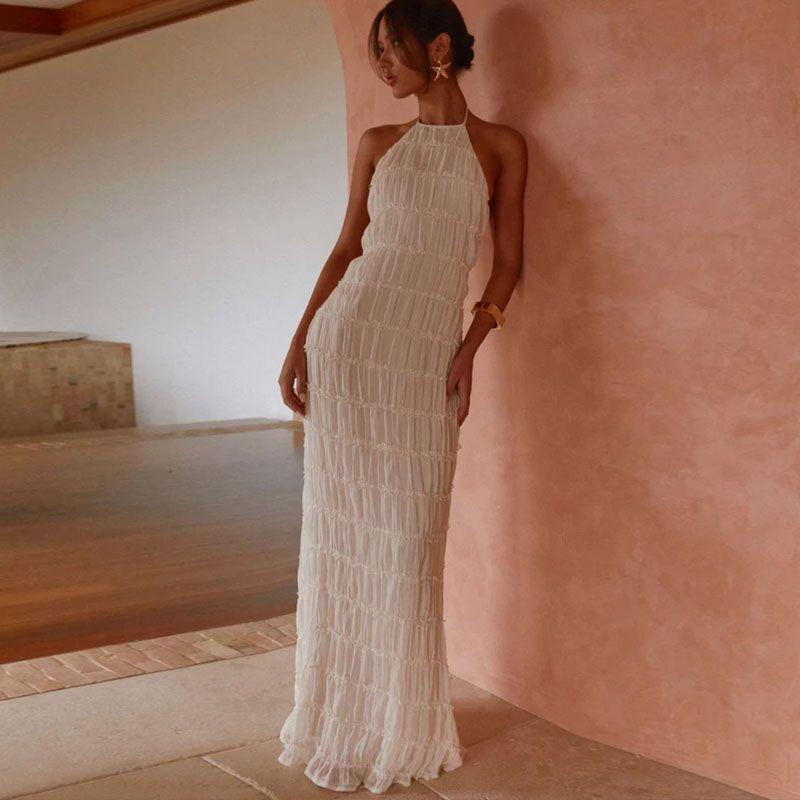 

Western Style Ins New Fashion Hanging Neck Strap Pleat Lace Long dress Sexy Backless Holiday Style A Word Dress White S