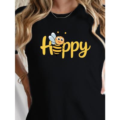 Cute Happy Letter Joyful Bee Pattern Printed Summer Casual Women's Short Sleeve Round Neck T-shirt Daily Top Women's Clothing