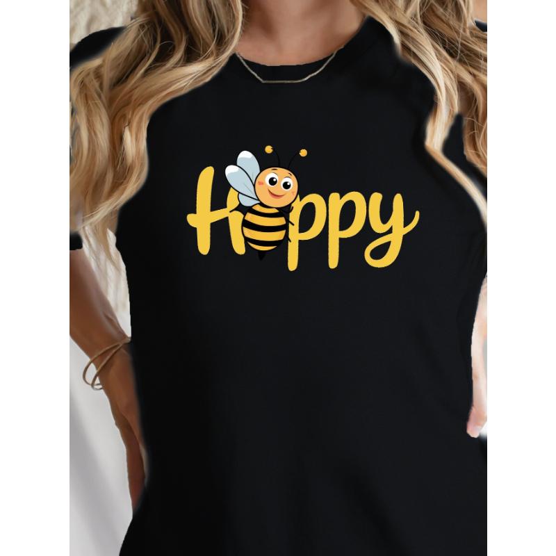 Cute Happy Letter Joyful Bee Pattern Printed Summer Casual Women's Short Sleeve Round Neck T-shirt Daily Top Women's Clothing
