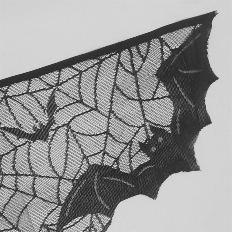 Elegant Halloween Lace Mantle Scarf with Spiderweb and Bat Motifs, Black Halloween Cobweb Fireplaces Scarf 200x50cm