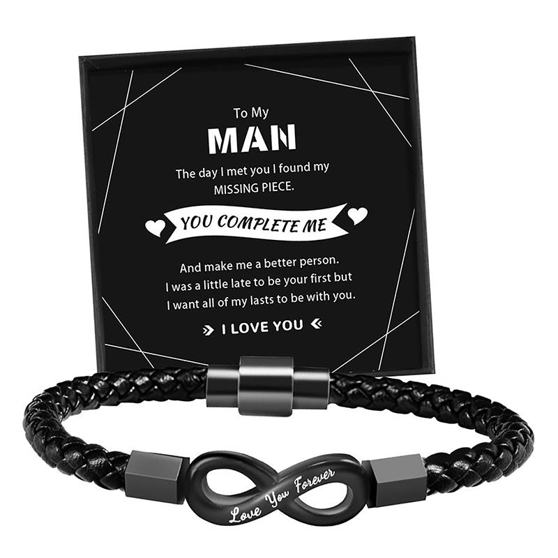 Gift For Men Infinity Bracelet Braided Leather Forever Linked Together Stainless Steel Engraved With Love You Forever Jewelry