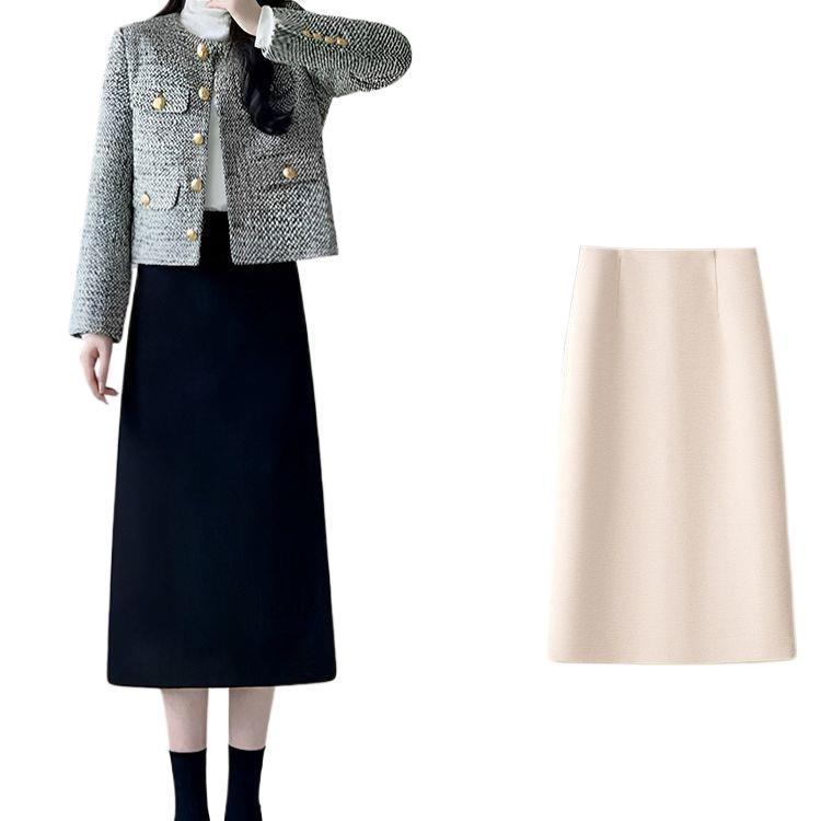 2025 Wool High-Waisted Black Slit Mid-Length Skirt - Autumn/Winter Slimming Style