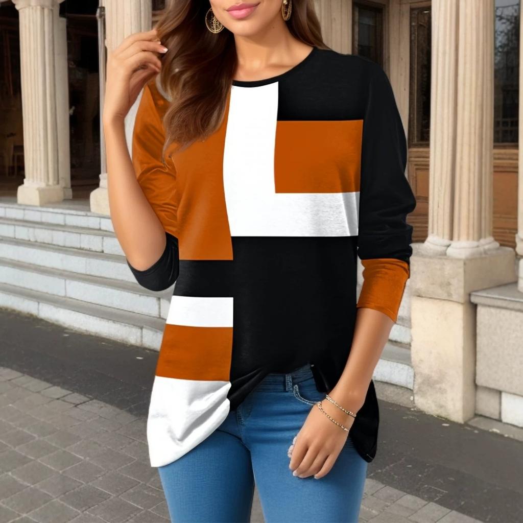 Women's Autumn and Winter 3D Printed Crew Neck Long Sleeve T-Shirt Fashion Versatile Breathable Trend Casual