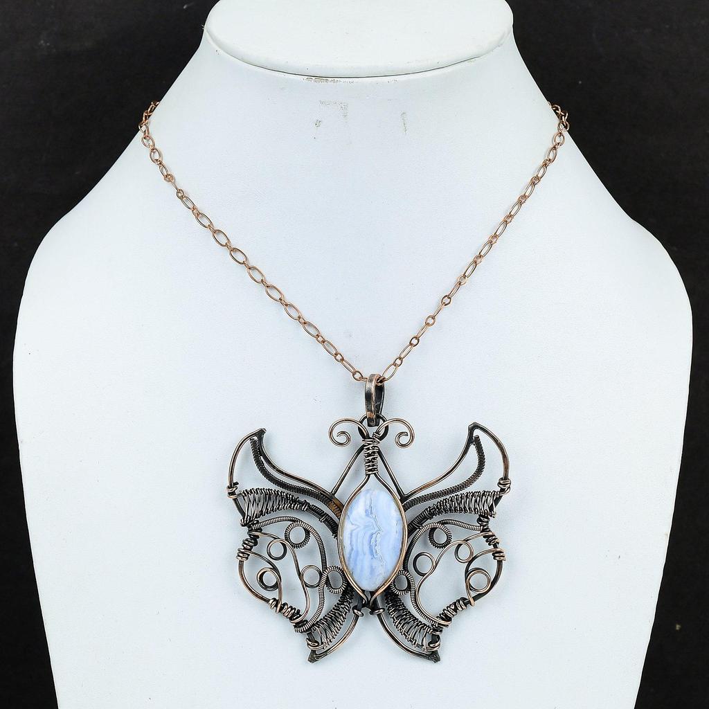 Blue Lace Agate Pendant Copper Wire Wrapped Pendant Handmade Copper Jewelry Natural Gemstone Pendant Dainty Butterfly Pendant Gifts For Mom