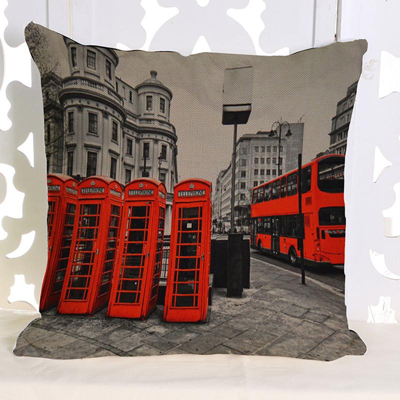 Vintage Uk London Phone Booth Throw Pillow Case Sofa Decorative Cotton Linen Big Ben Art British Fashion Cushion Cover
