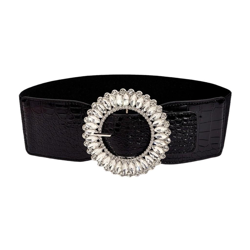Vintage Korean Style Wide Belt For Dresses With Alloy Buckle And Elastic Waist For Winter Fashion