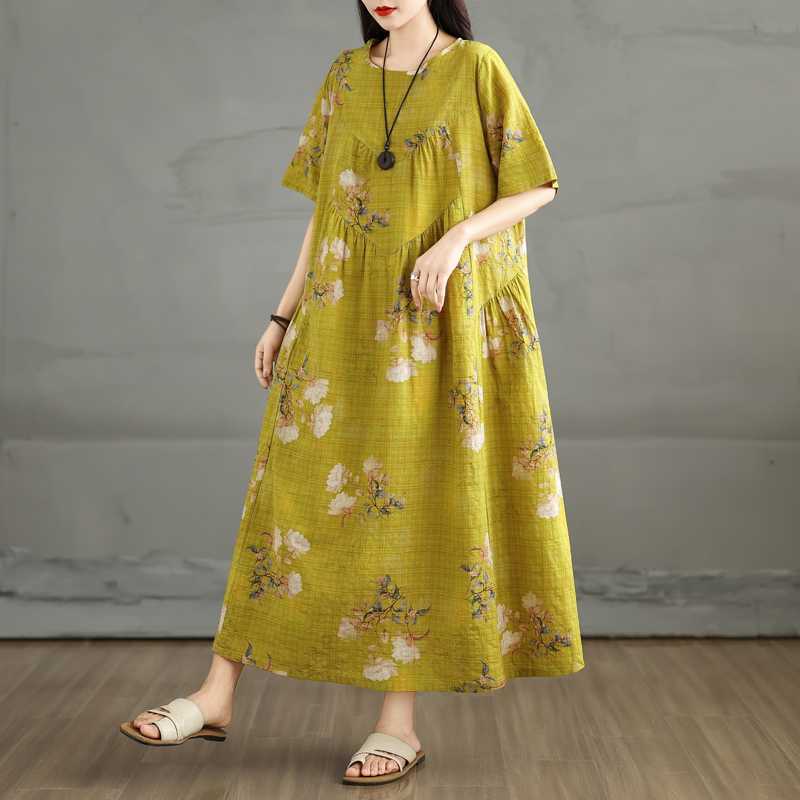 Summer Retro Cotton and Linen Round Neck Short Sleeved Dress, Women's Loose Skirt