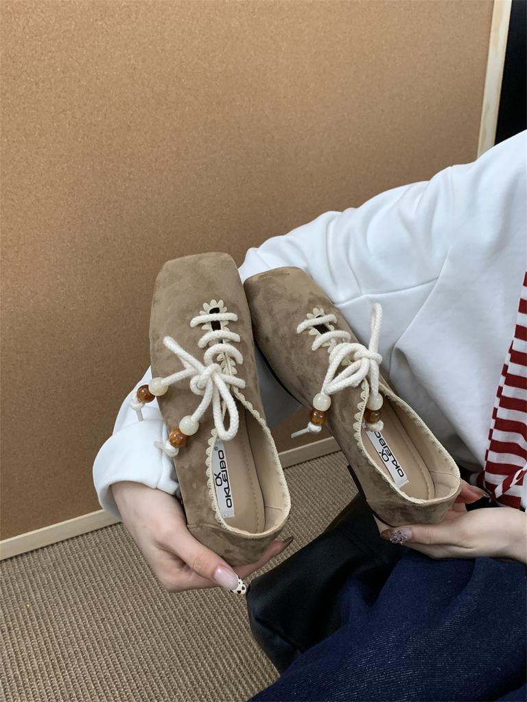 Korean version of retro square head flat-soled single shoes women's shoes 2025 autumn new versatile lace-up Mary Jane casual shoes