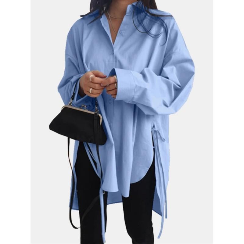

Female Plus Size Loose Front Short Back Length Tie Blouse Early Autumn Solid Color Unique Elegant Tops 4XL синий