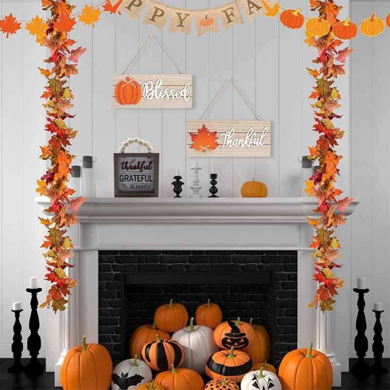 Fall Wood Front Door Hanging Sign Letter Wooden Plaque Fall Decor Autumn Plant Wood Wall Art Hanging for Farmhouse Home