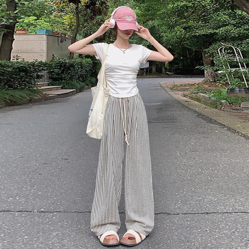 Striped Wide-leg Pants for Women, Summer Korean Style New Casual Pants, Casual and Slimming, Elastic Waist, Loose and Draping, Floor-length