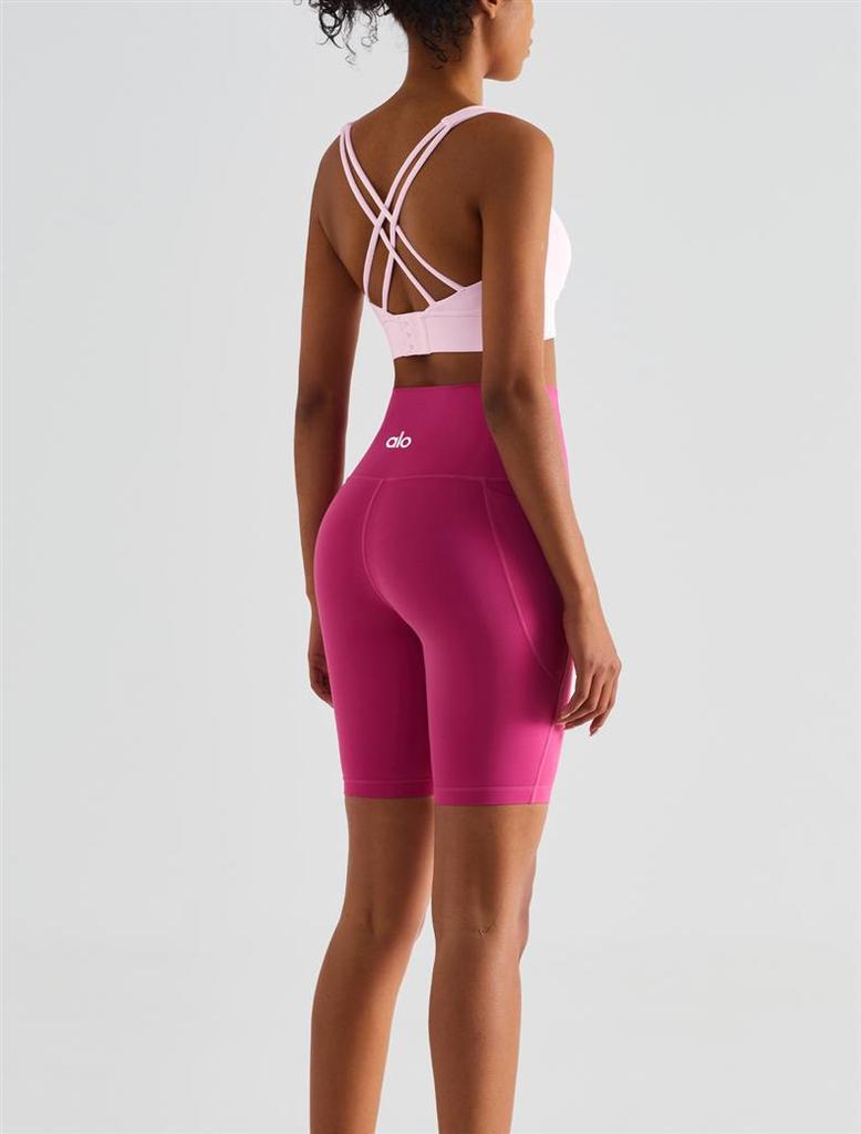 Pantaloncini da Yoga a Vita Alta Color Pesca con Tasche – Senza Cuciture, Vestibilità Comoda per Donna