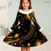 Girls Furry Trim High Neck Long Sleeve Black Gold Printed Tie Waist A Line Flared Dress