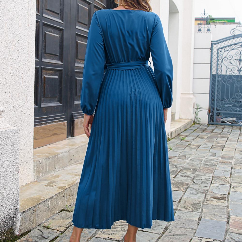 QICED Women's Fashion Autumn Winter Solid Color Print Long Sleeve V-Neck High Waist Casual Dresses