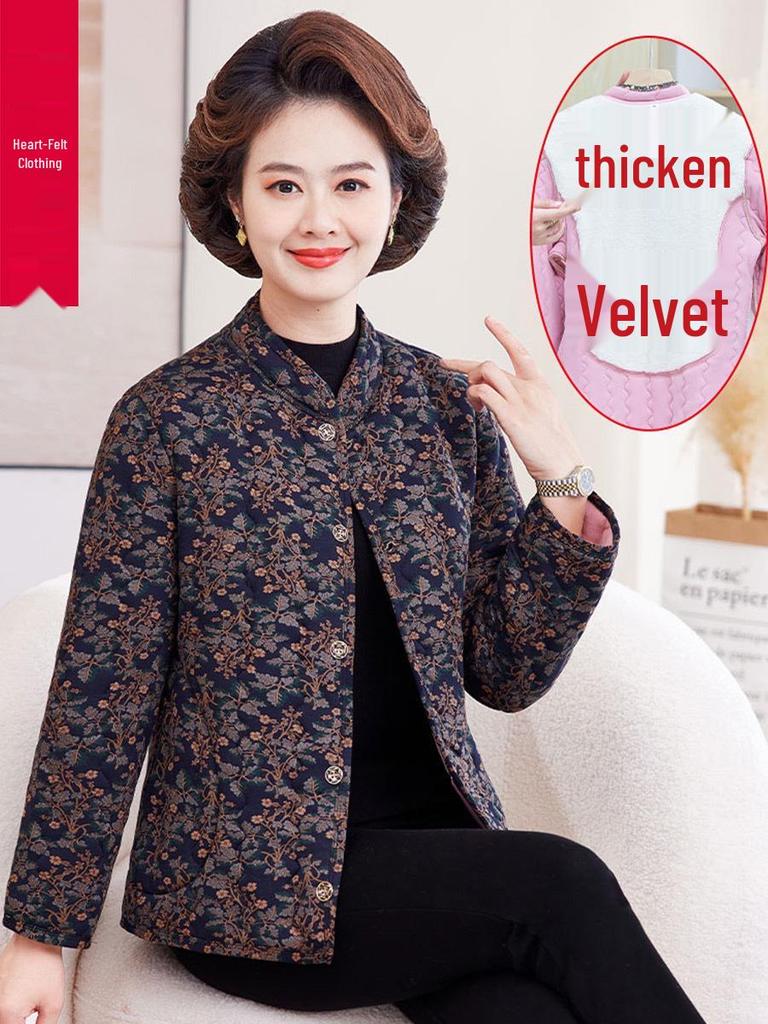 Mom's Floral Plush Winter Jacket - Thickened Cotton, Lightweight for Mid-Aged & Elderly