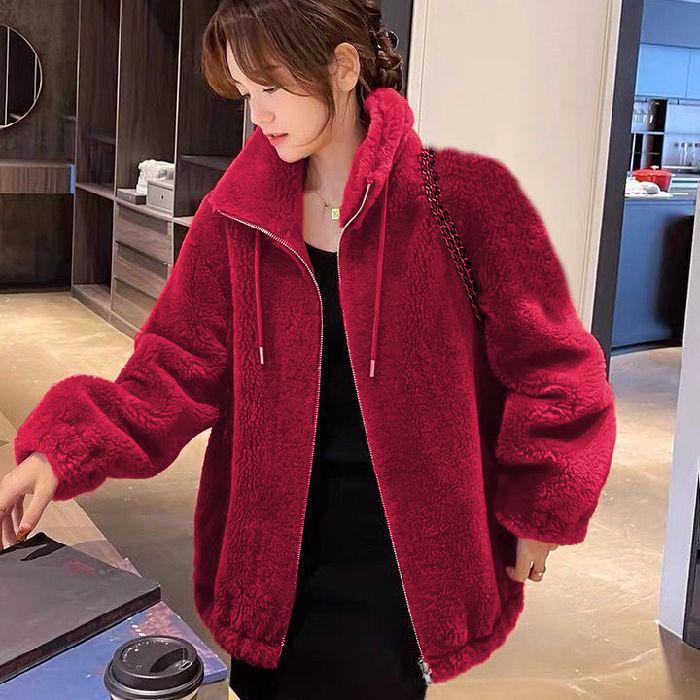 Short Women's Trendy Winter Double-Sided Fleece Stand Collar Hoodie Cardigan Zipper Jacket