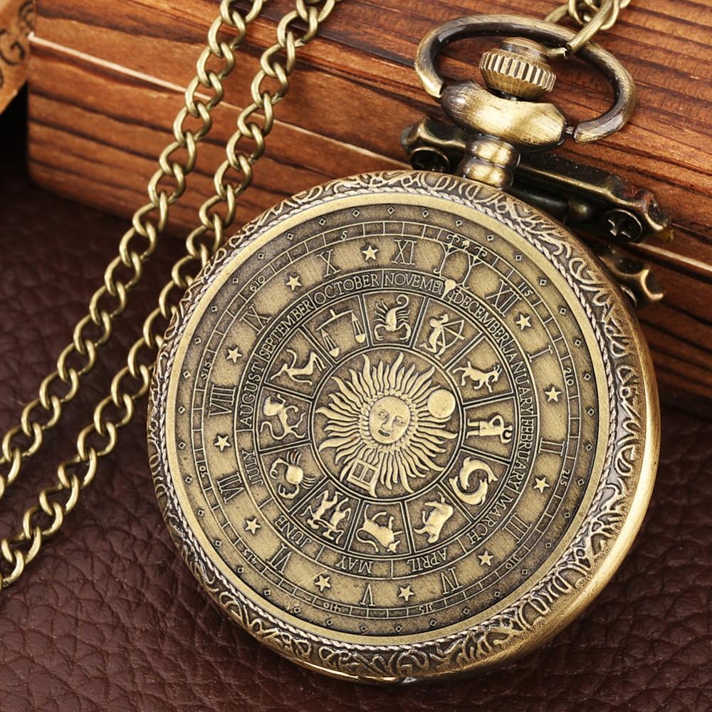 

Bronze Vintage Tarot Commemorative Pattern Pocket Watch Constellation Lucky Sun Moon Necklace Memorial For Male Kids Relogio Saa бронзовий