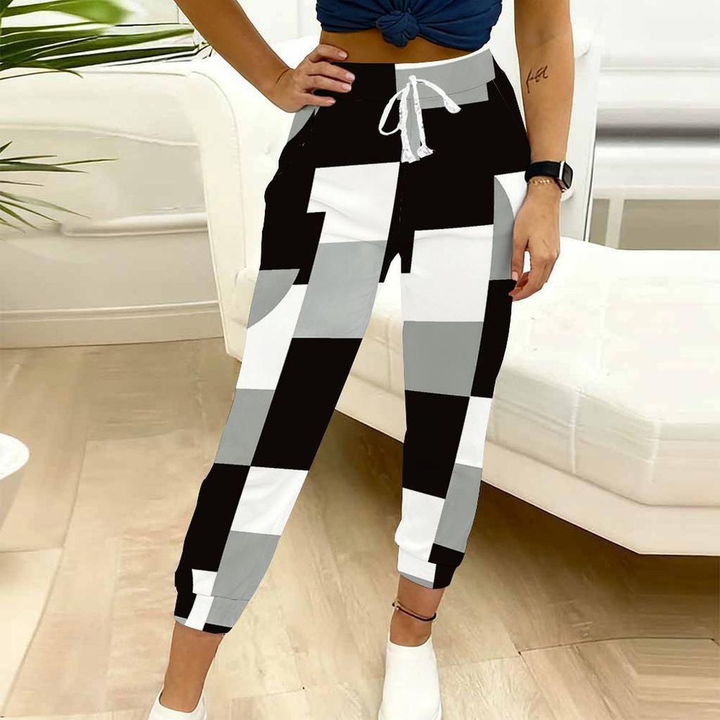Summer Ladies Tie Dye Splicing Printed Sweatpants Loose Fit Drawstring Joggers Elastic Cuff Daily Casual Pants