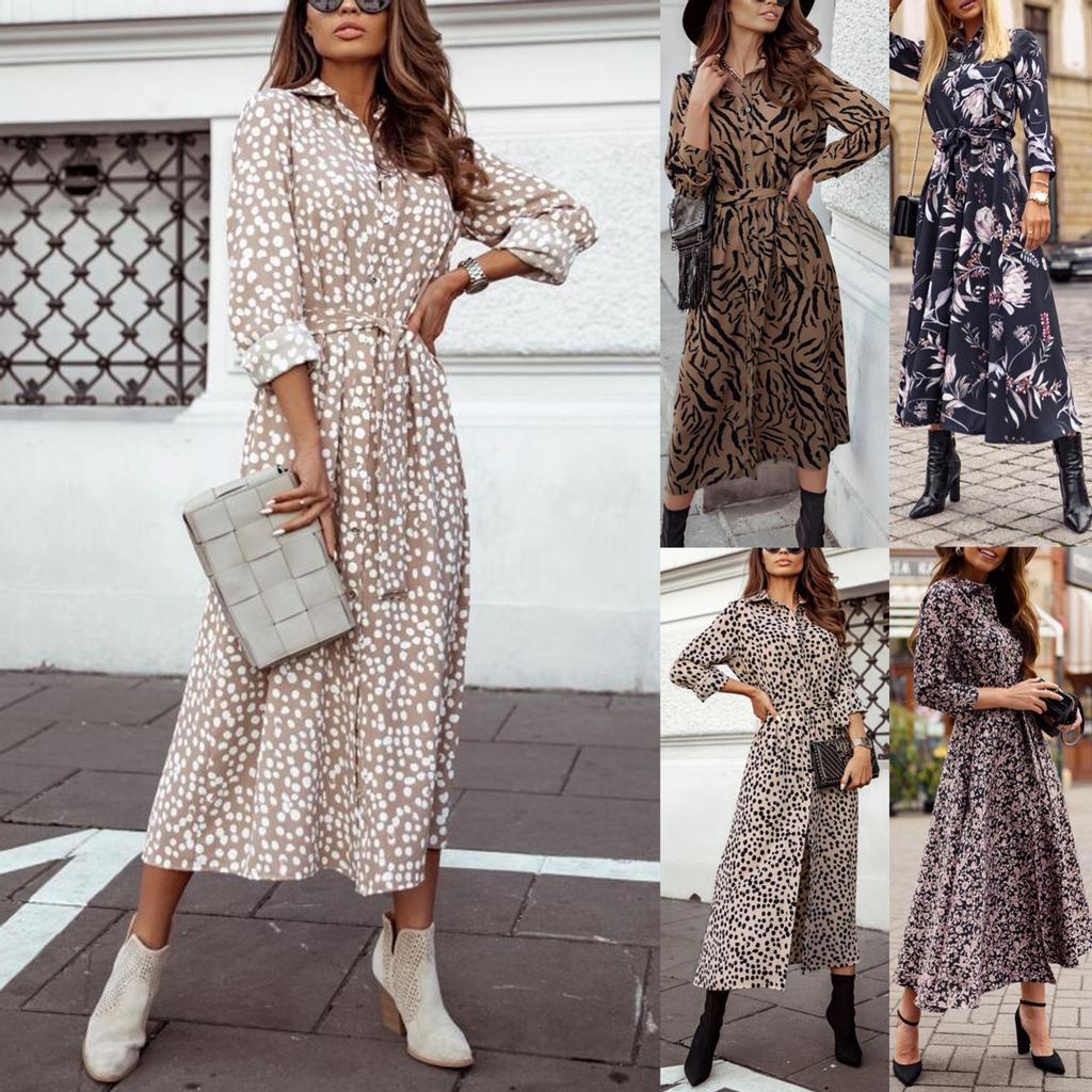 Women Leopard Chiffon Long Sleeve Printing Casual Party Vintage Boho Maxi Dress