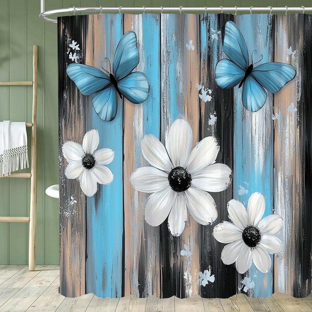 1pc Beautiful Blue Flowers Shower Curtain, Bathroom Decorative Curtain, Floral Printed Polyester Home Curtain with Hooks