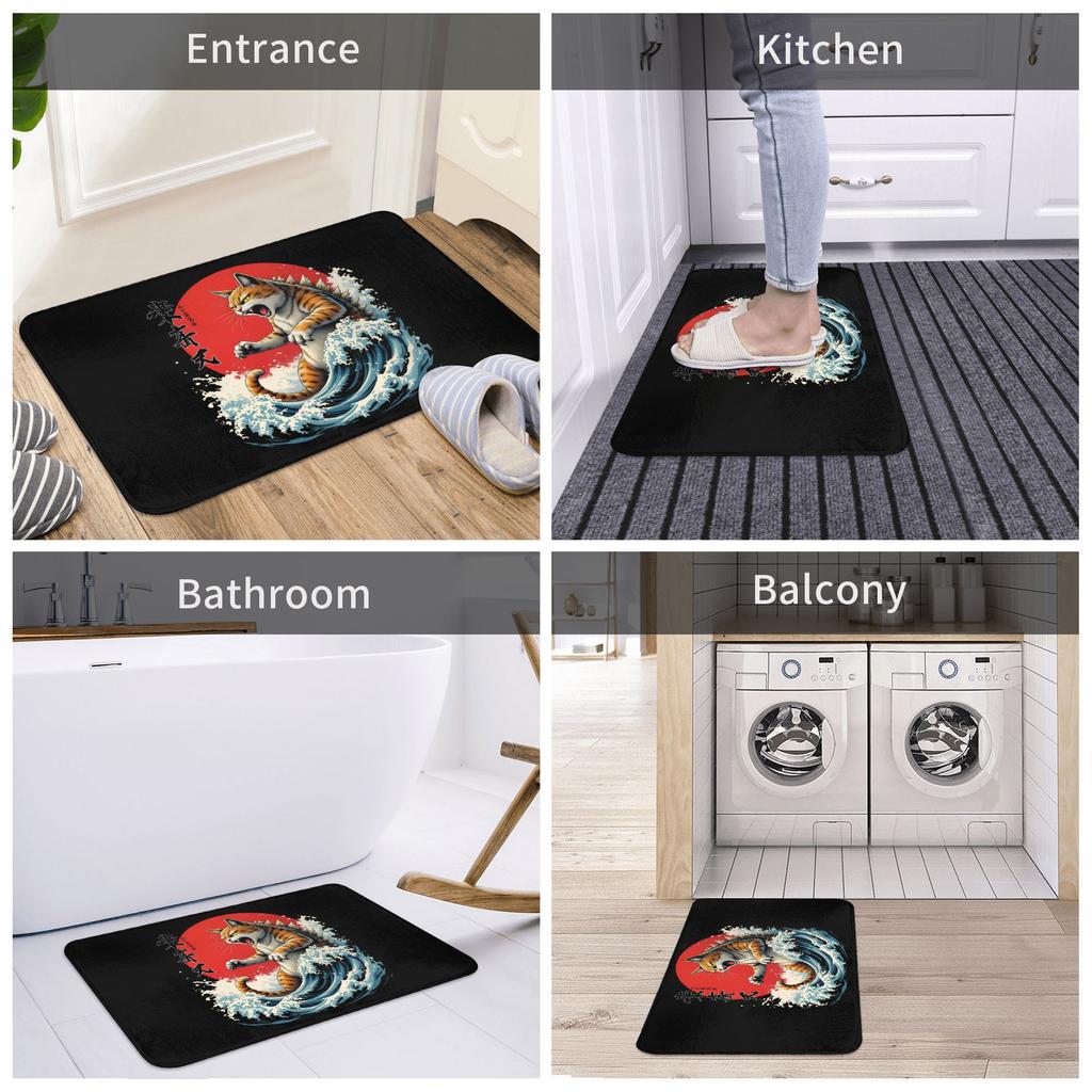 Funny Catzilla Cat Japanese Art Front Door Mat Anti-Slip Indoor Quick Dry Doormat Living Room Entrance Rug Carpet