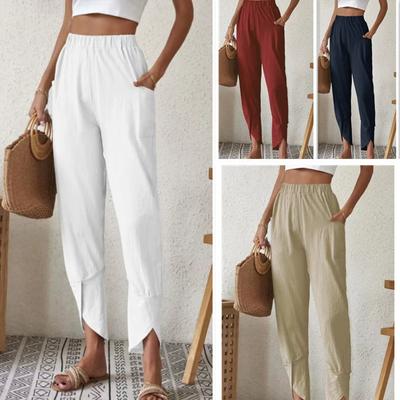 Women's Capri Pants Elastic Waist Pockets Long Pants Cropped Trousers