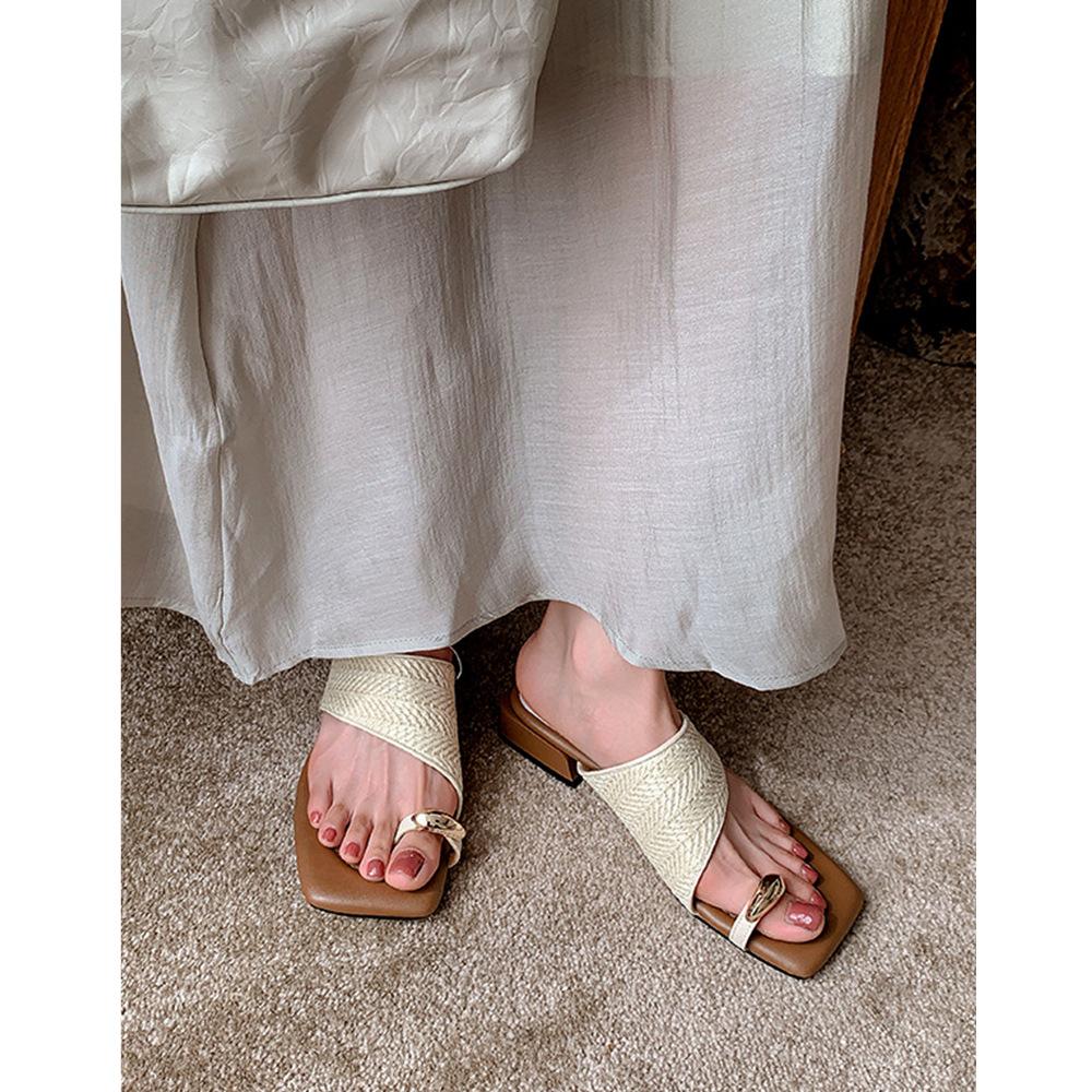 Sheepskin French Holiday Style Straw Weaving Beautiful with Skirt Bohemian Clip Toes Soft Bottom Cool Slippers Women's Summer Wear