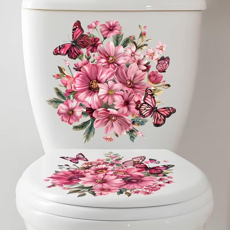 Floral Toilet Lid Sticker Waterproof DIY Friendly Peel and Stick Decal for Bathroom Wall Restroom Home Decoration