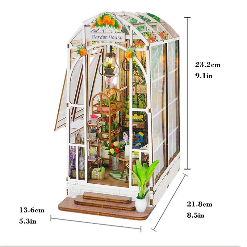 DIY Garden House Book Nook Shelf Insert Miniature Building Kits Wooden DollHouse Flower Garden Room Bookshelf with LED Lights