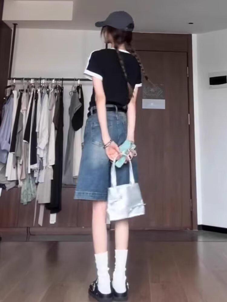 

Ретро пикантные женские джинсовые шорты с низкой посадкой - Летний свободный крой 5-точечный дизайн с широкими штанинами средней длины M: Height 155-165CM (95-108 lbs)