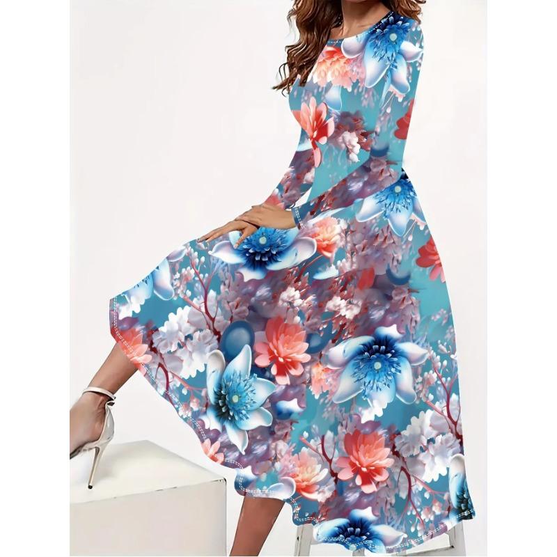 Plus size floral print dress, elegant round neck long sleeve dress for spring and fall