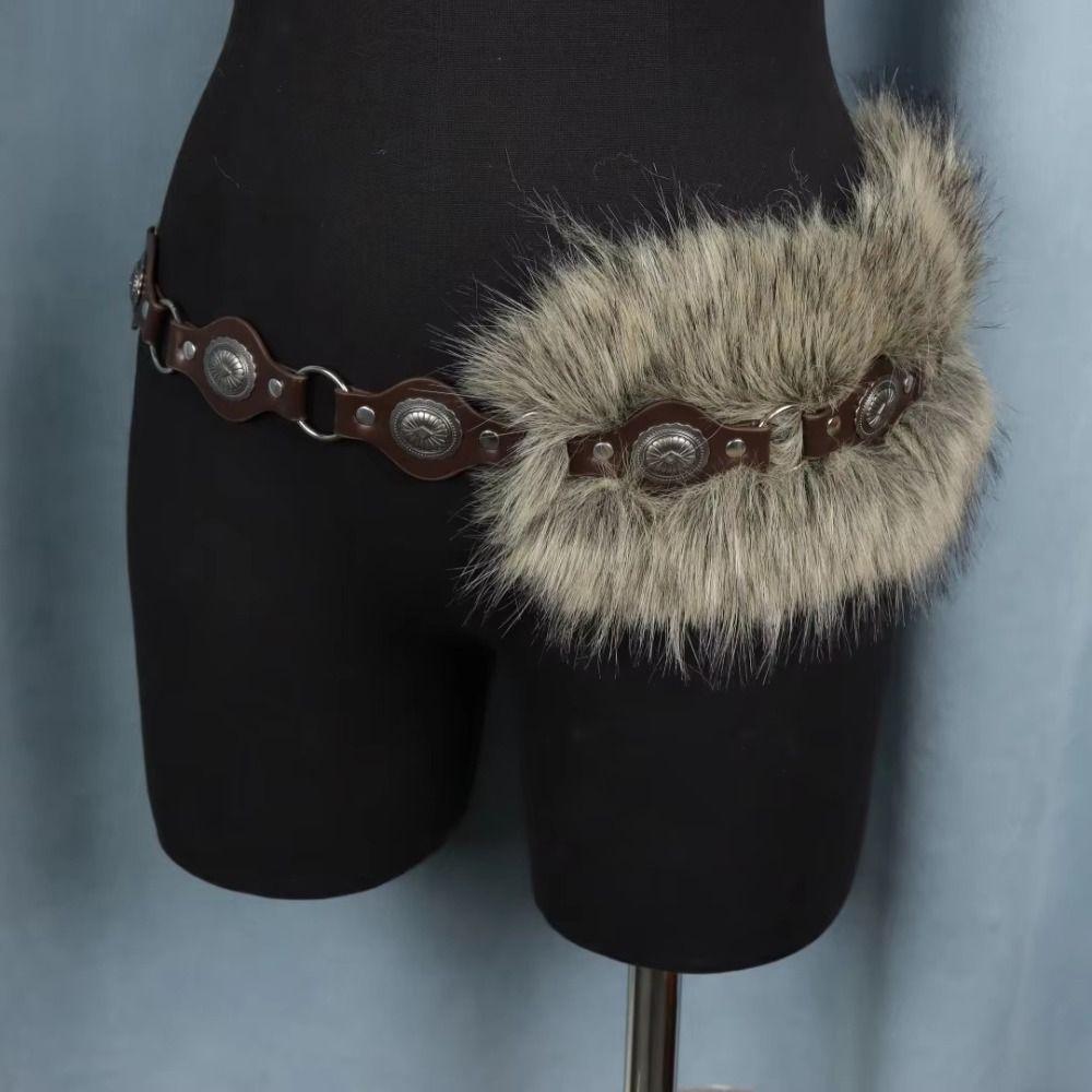 PU Leather Fur Waistband Faux Fur Jeans Waist Belt Unique Punk Studded Belt Y2K Style