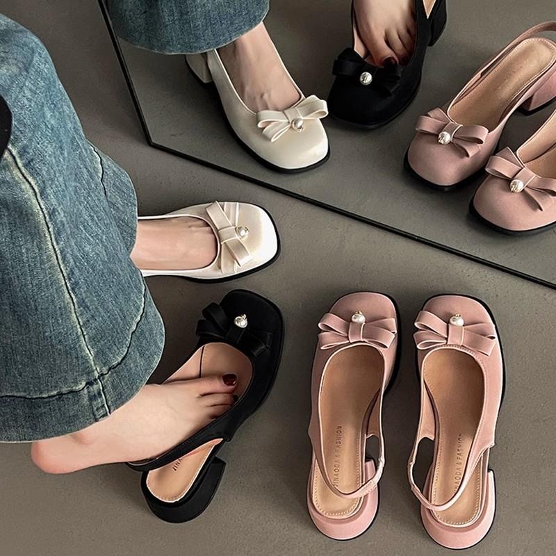 Bow Women's Bag Head Cool Slippers Summer Fashion Outside French with Skirt High Heel Evening Wind Thick Heel Single Shoes
