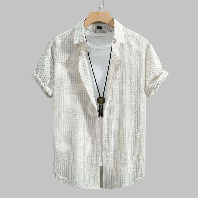 Men Vertical Striped Turn Down Collar Short Sleeve Loose Casual Button Up Shirt S бежевый