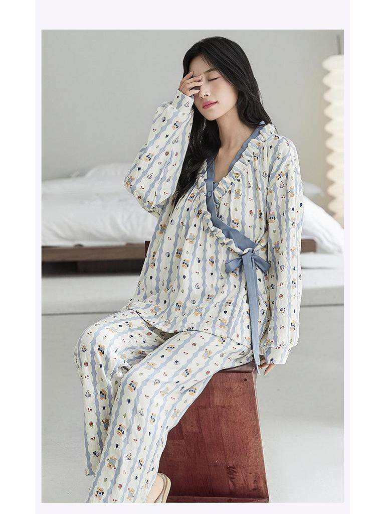 Damski kreskówkowy zestaw piżamowy z wkładkami na biust - Wiosenno-jesienna bawełna o fakturze chmury, Kardigan z długim rękawem, Cienki szlafrok, Odzież domowa i do noszenia na zewnątrz