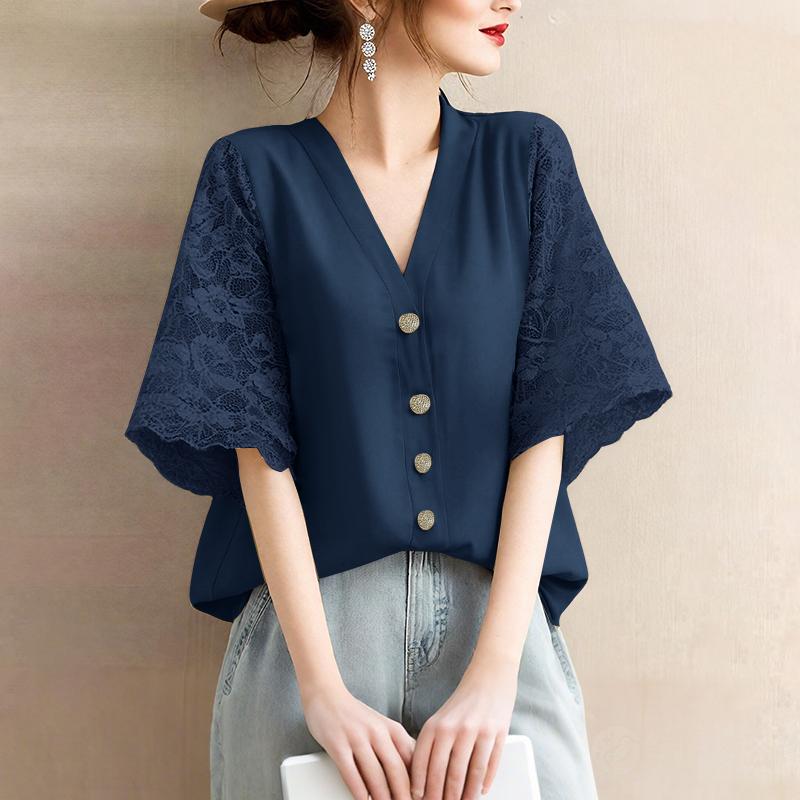 ZANZEA Women Casual V-Neck Loose Lace Splice 3/4 Sleeve Blouse