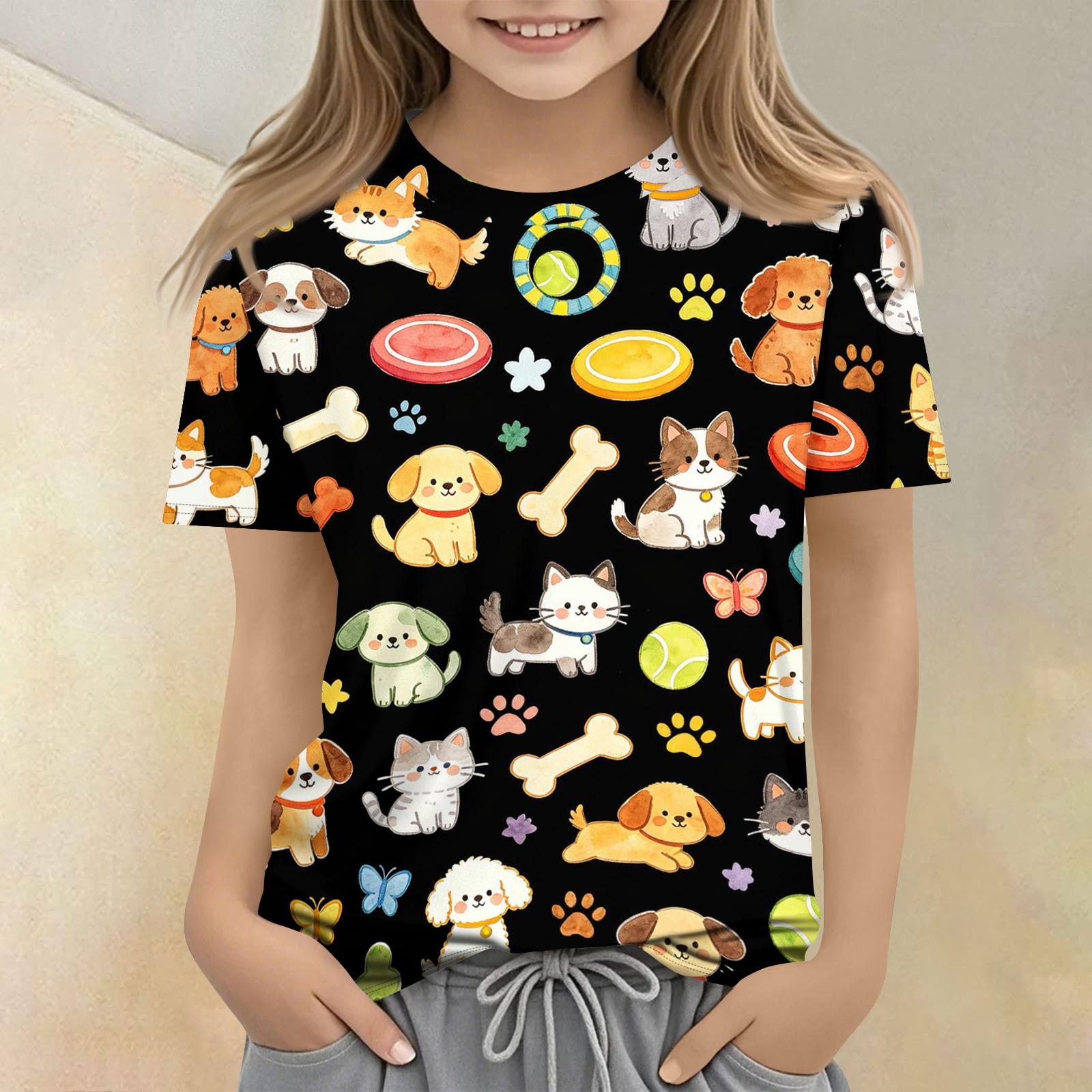 

Kids Animal Print Crew Neck Short Sleeve T Shirt Casual Loose Fit Top for Boys Girls Soft Comfortable Fabric 150 чорний