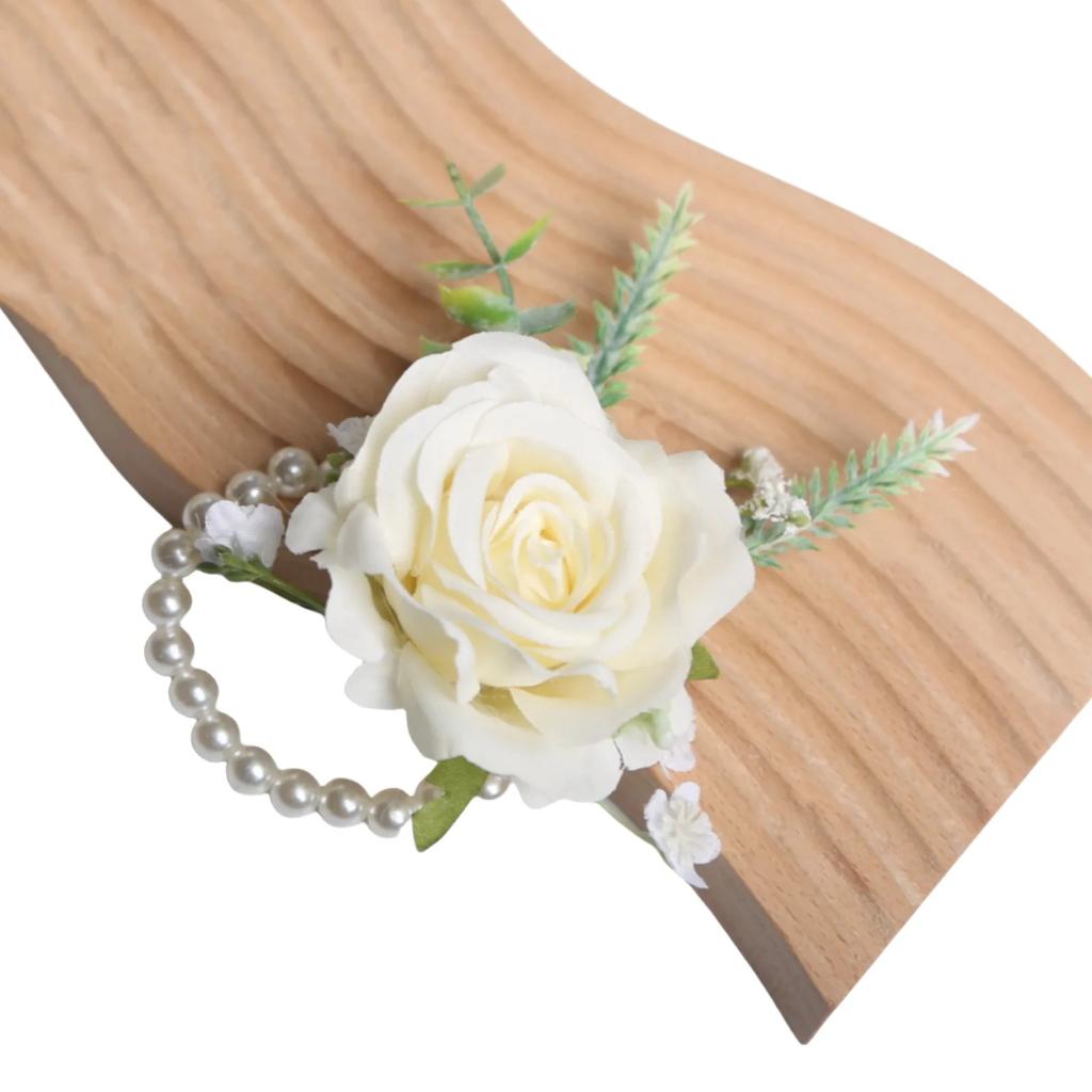 6pcs Rustic Artificial Rose Boutonniere Corsage Set Dusty Rose White Wristband Prom Suit Flowers for Wedding Ceremony