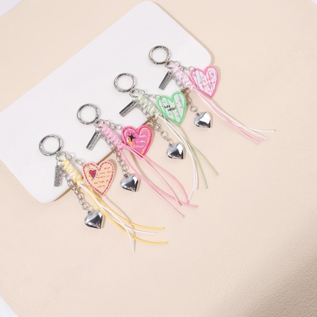 Colorful Heart Keychain Acrylic Tassel Bag Charm Sweet Letter Metal Pendant Women Girls Phone Strap Fashion Accessories