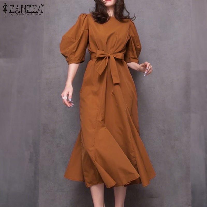ZANZEA Women Casual Round Neck Loose Half Sleeve Long Dress