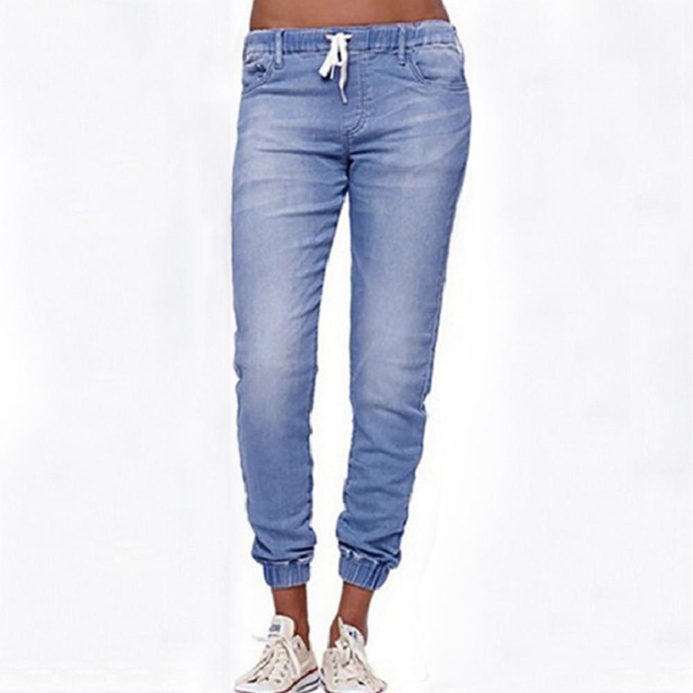 Women Elastic Plus Loose Denim Casual Drawstring Plus Cropped Jeans
