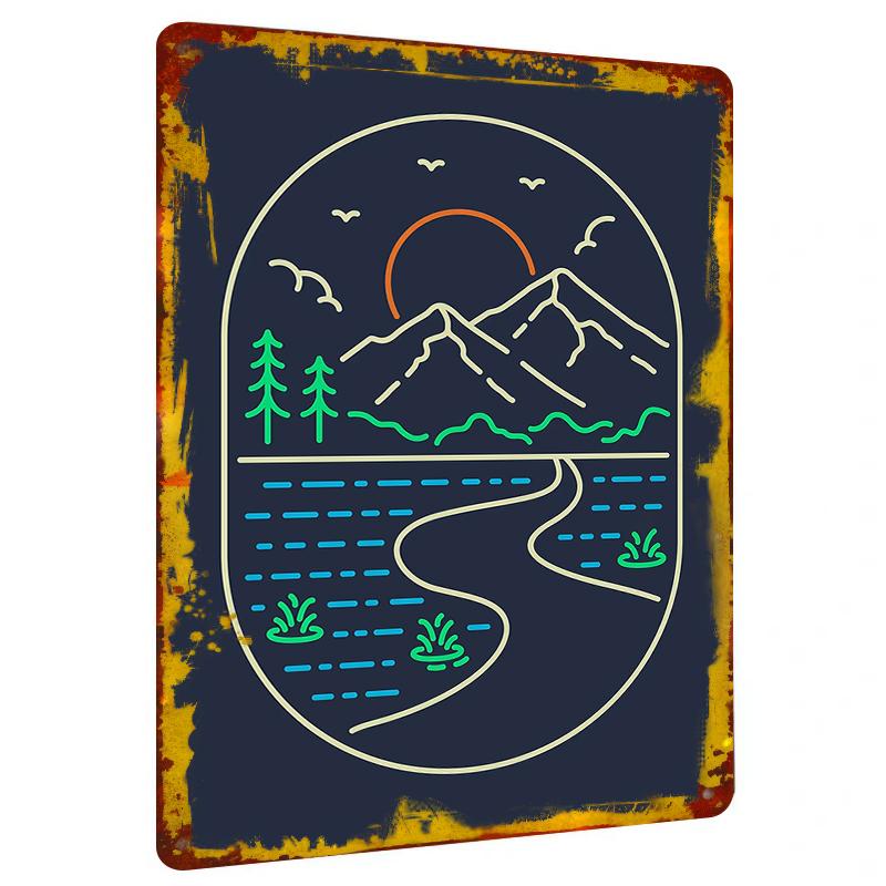

Mountain Sunrise Forest River Scenery Iron Painting Home Decor Wall Art Metal Craft Living RoomWall Hanging Painting 20x30cm（7.8x11.8inch）