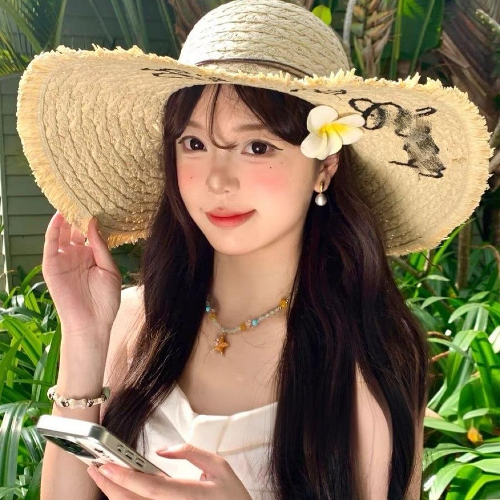 Lace straw hat women's summer bow large brim sunshade sun hat seaside vacation beach sun hat