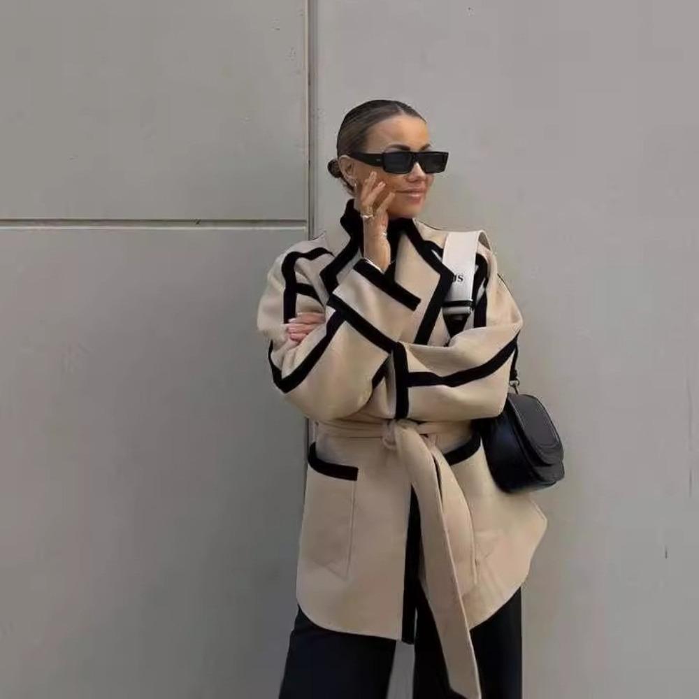 Casaco Curto Feminino VAYLA Cintos Listrado Moda Cor Contrastante Jaqueta Nova Feminina Chique Elegante Cintura Alta Roupa Exterior Feminina