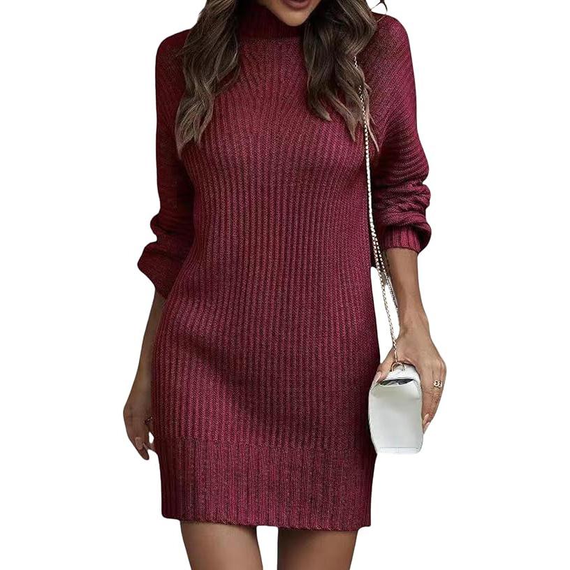 Women's Mock Neck Sweater Dres Long Lantern Sleeve Rib Knit Stretch Bodycon Sweater Dress