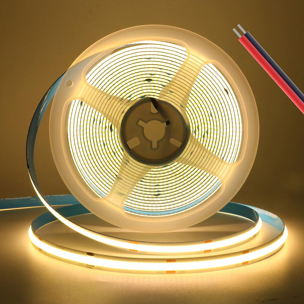 12V 5V USB COB LED Strip Light With 2Pin Wire 320 384 480 528 LEDs Flexible Tape Linear Lighting Warm White Pink Blue Red Yellow