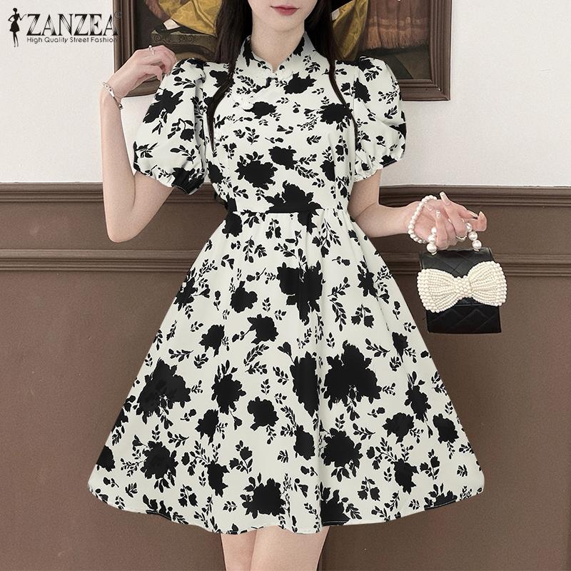 

ZANZEA Женское повседневное летнее платье с круглым вырезом и коротким рукавом с цветочным принтом
