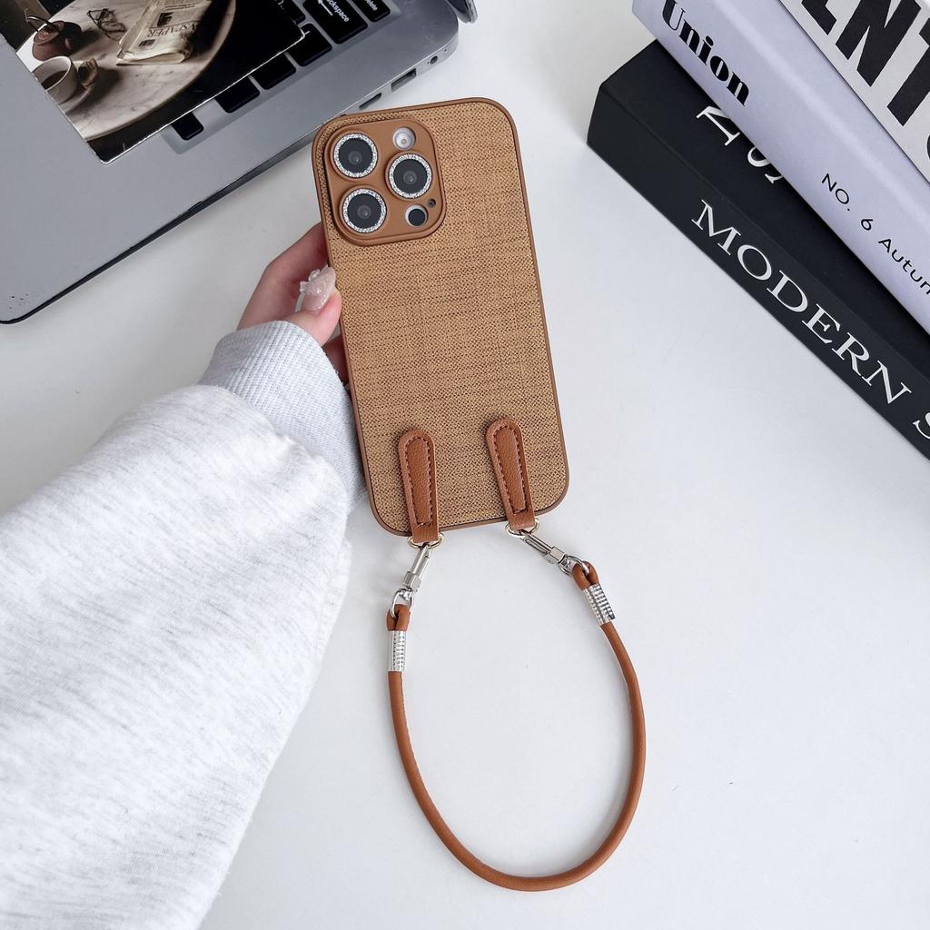 Cloth Patterned Wrist Strap Hanging Rope Phone Case for IPhone 12, 14promax Protective Case, 16plus Trendy