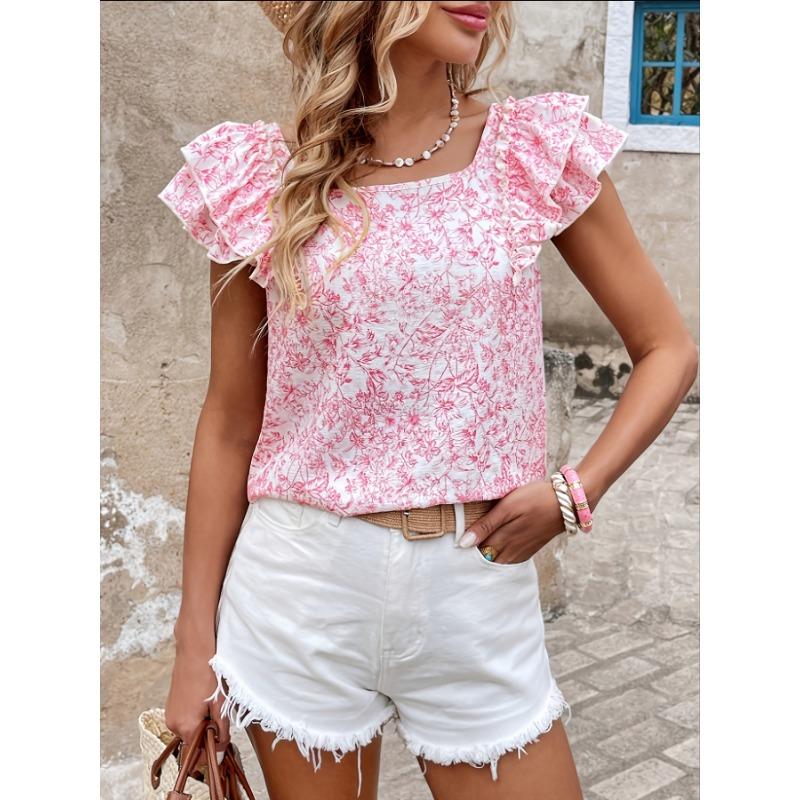 

JKASHDK Женские модные повседневные летние весенние блузки и рубашки с принтом цветочного узора, с коротким рукавом и квадратным вырезом XL розовый